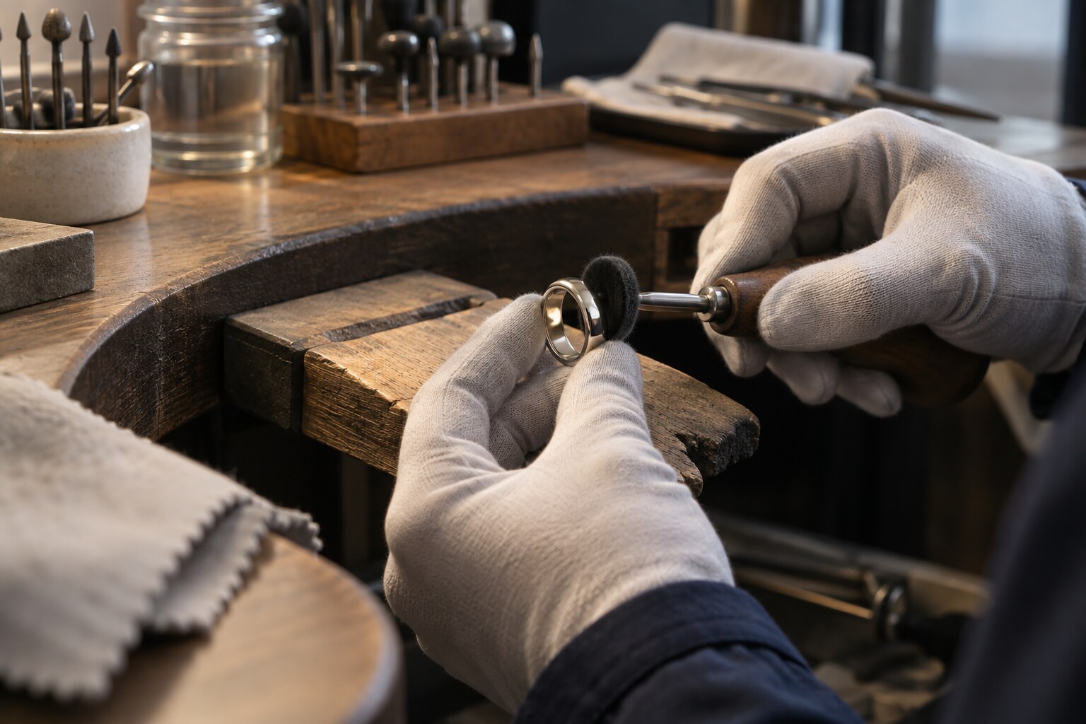 A craftsperson working carefully on fine jewellery