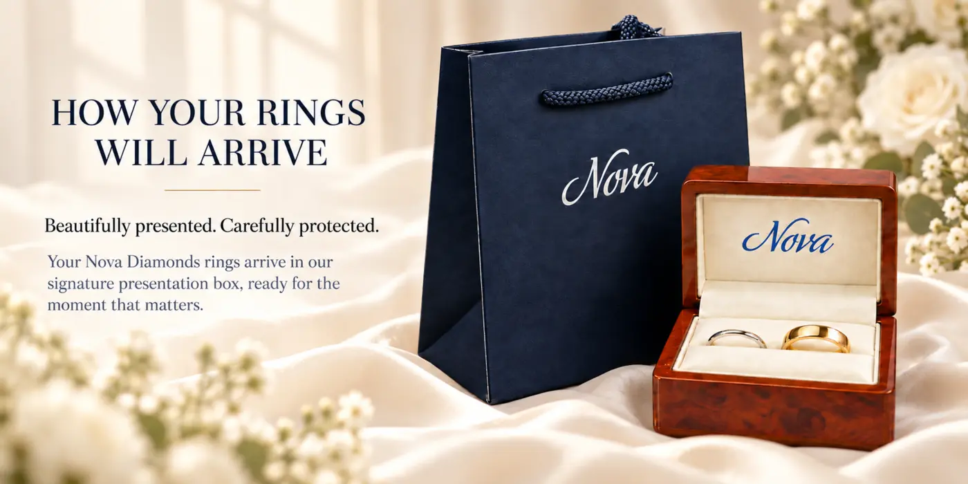 How your rings will arrive: Nova Diamonds presentation bag and luxury ring box holding a slim platinum band and a 6mm yellow-gold wedding band
