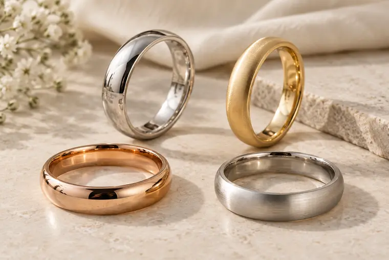 Platinum, yellow gold, rose gold and white gold wedding bands in polished and matte finishes