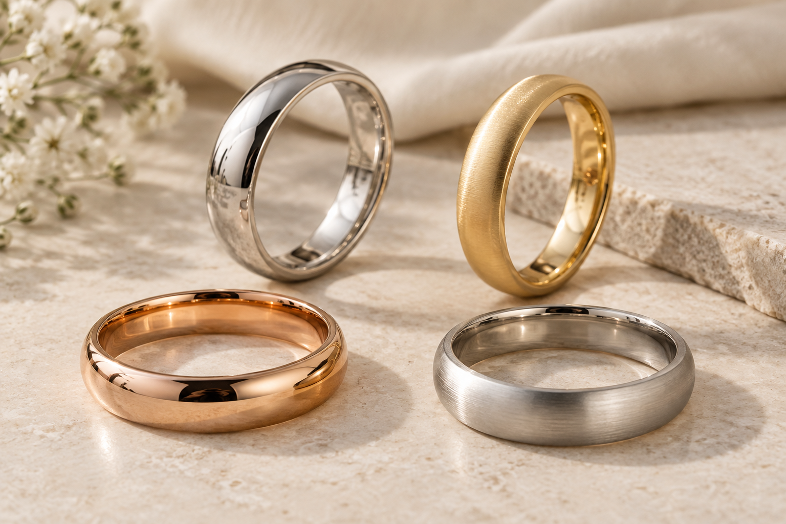 Platinum, yellow gold, rose gold and white gold wedding bands in polished and matte finishes