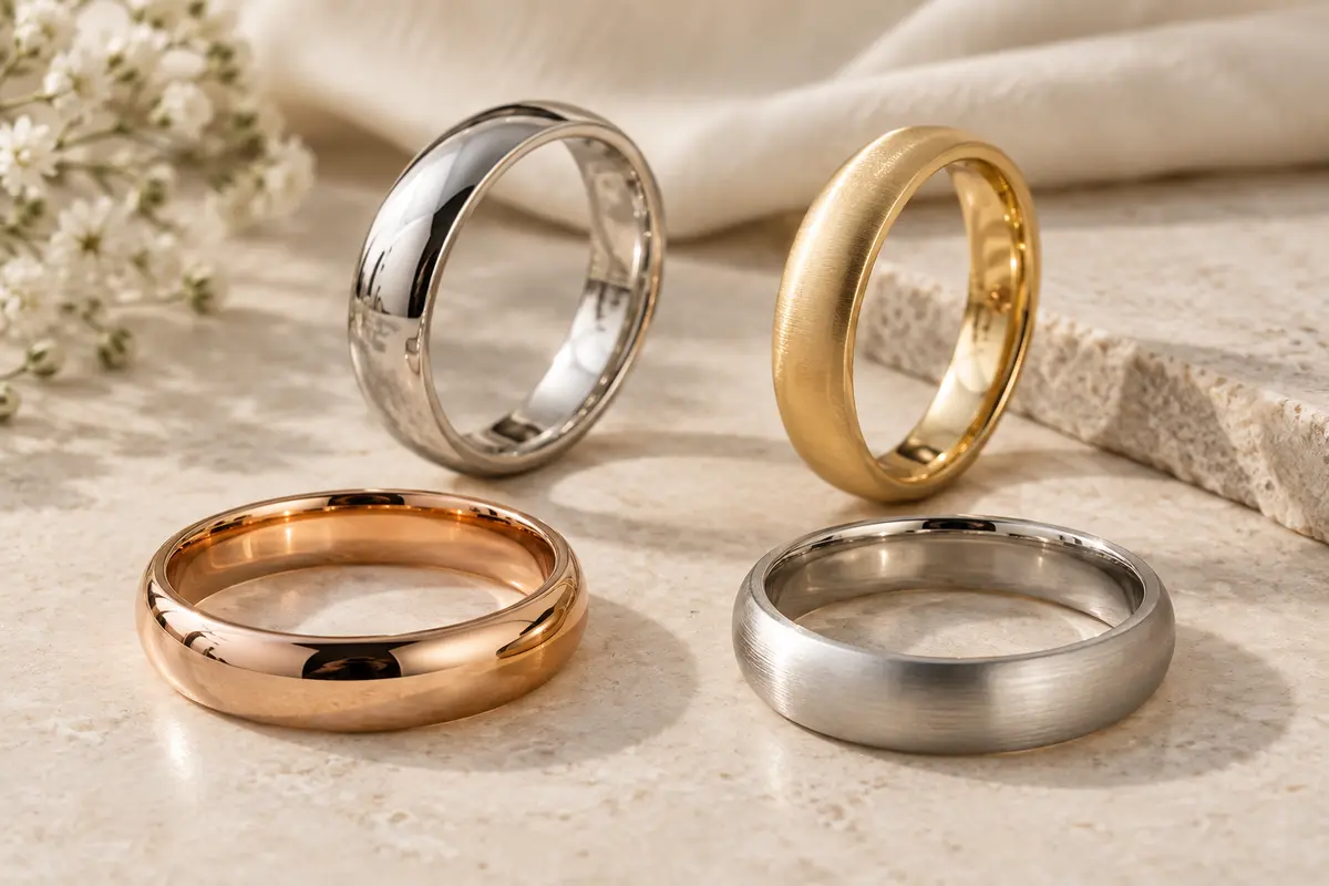 Platinum, yellow gold, rose gold and white gold wedding bands in polished and matte finishes